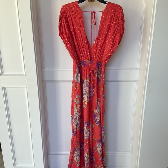 Free People Juniper V Neck Maxi Dress Floral Polka Dot Empire Waist X-LARGE - Picture 8 of 14